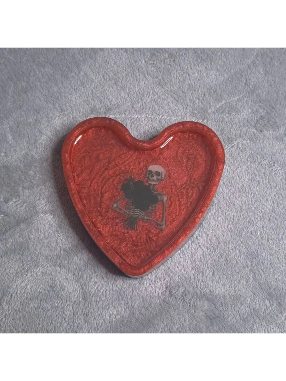 Handmade Red Resin Trinket Dish With Skeleton Black Roses Design Goth Halloween